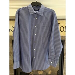 CHAPS Mens Blue White Pinstripe Stretch No Wrinkle  Fit Dress Shirt 17 1/2 32/33